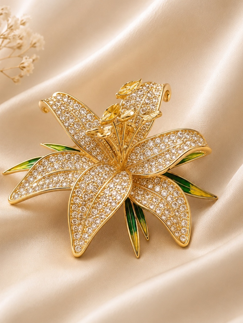 Golden Lily Crystal Flower Brooch Pin | Elegant Rhinestone Floral Statement - Picture 3 of 4